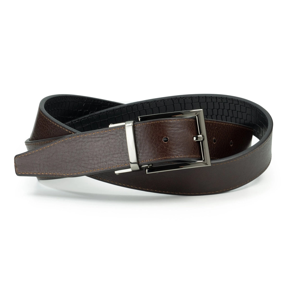 Ceinture en cuir Noir – Marron Foncé façon croco réversible 35 mm – vue 2