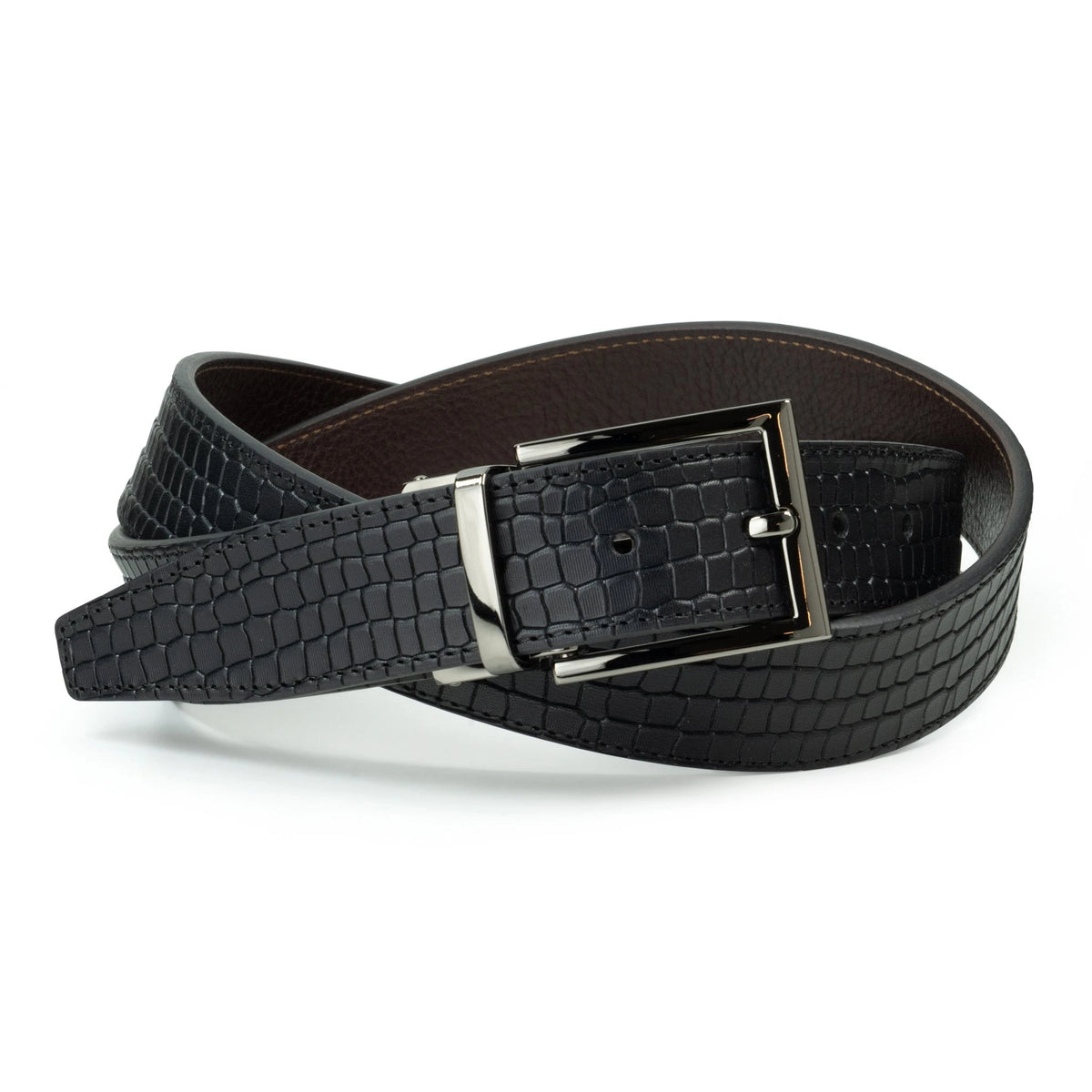 Ceinture en cuir Noir – Marron Foncé façon croco réversible 35 mm