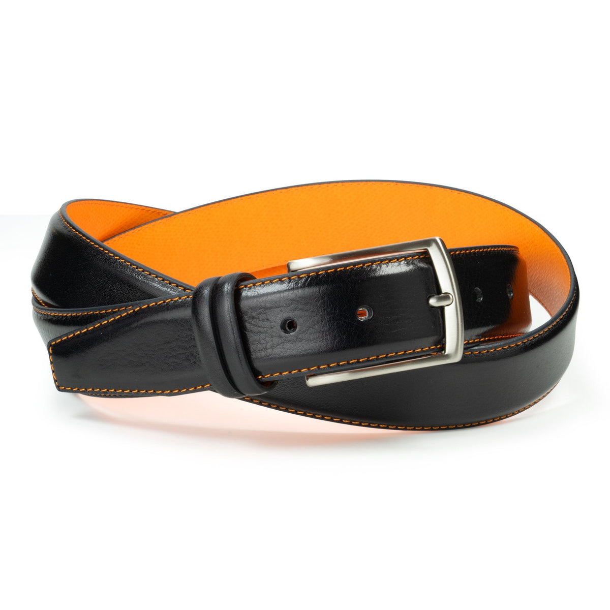 Ceinture en cuir noir – surpiqûre orange, doublure orange, 35 mm