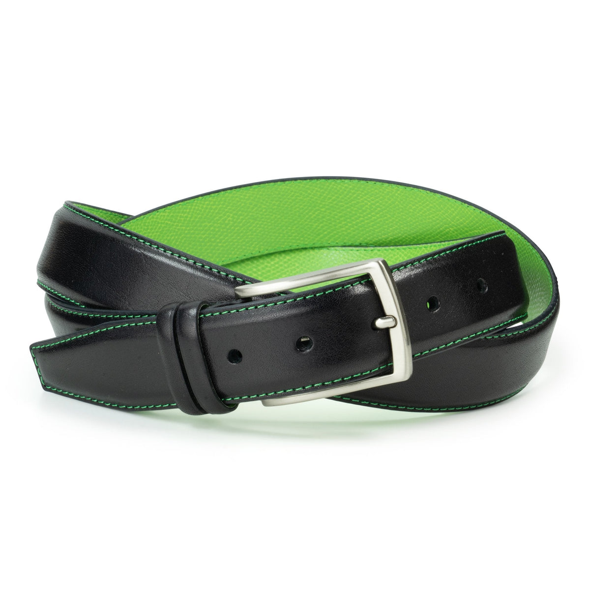 Ceinture en cuir noir – surpiqûre vert pistache, doublure verte, 35 mm