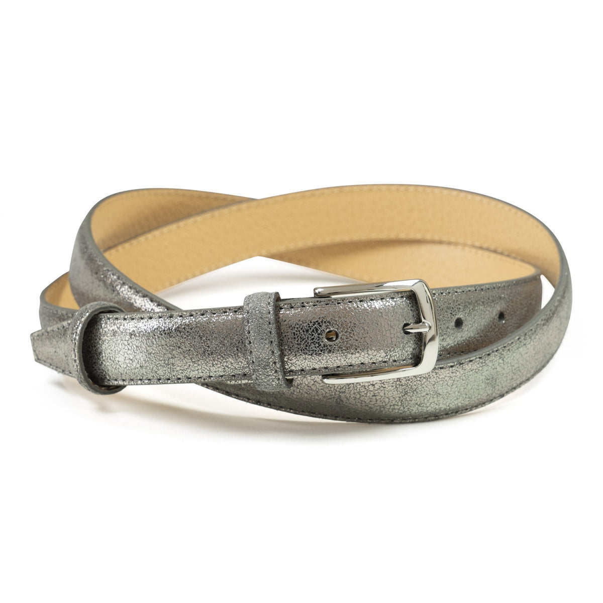 Ceinture femme cuir métallisé argent foncé fine 25 mm