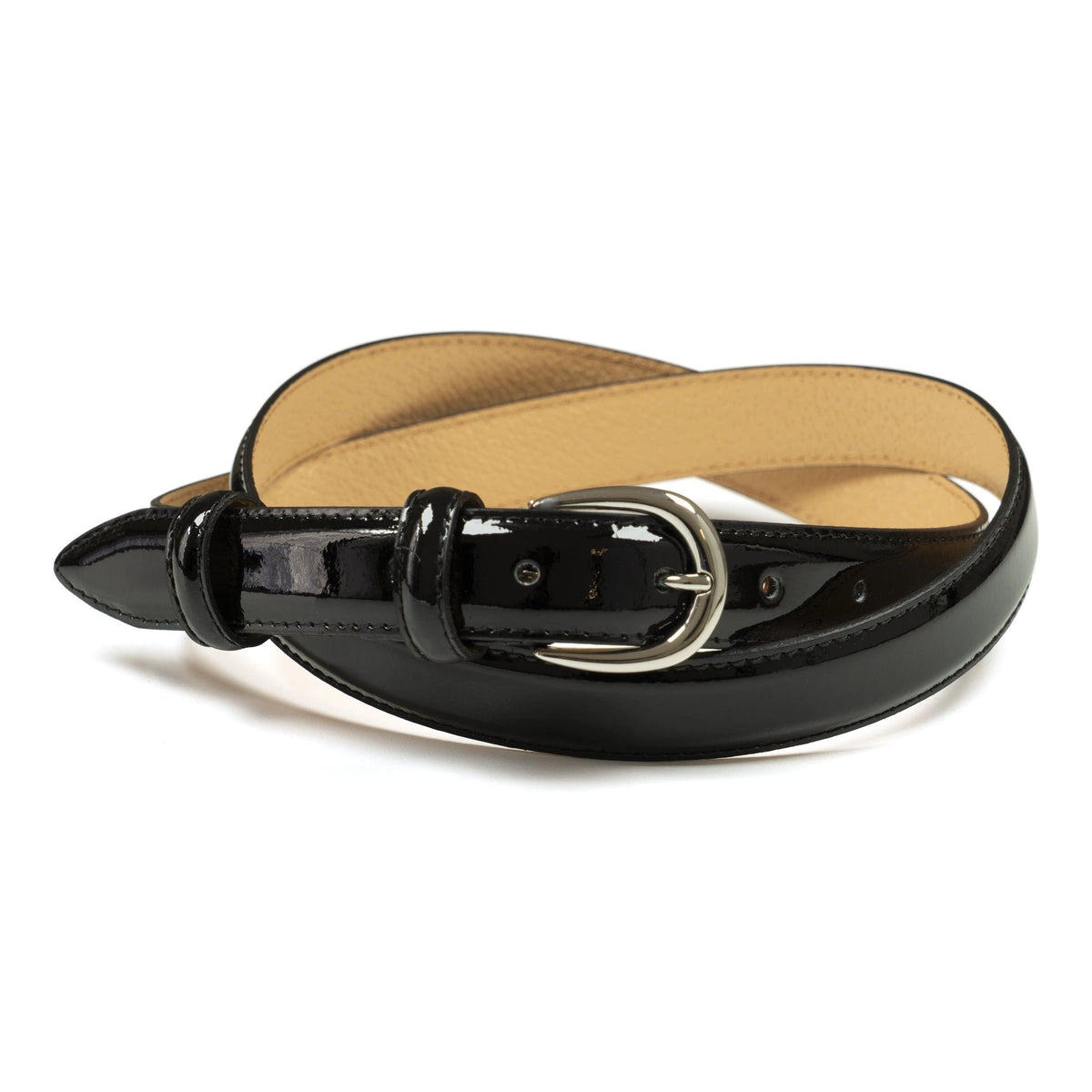 Ceinture femme cuir vernis noir boucle ronde fine 25 mm