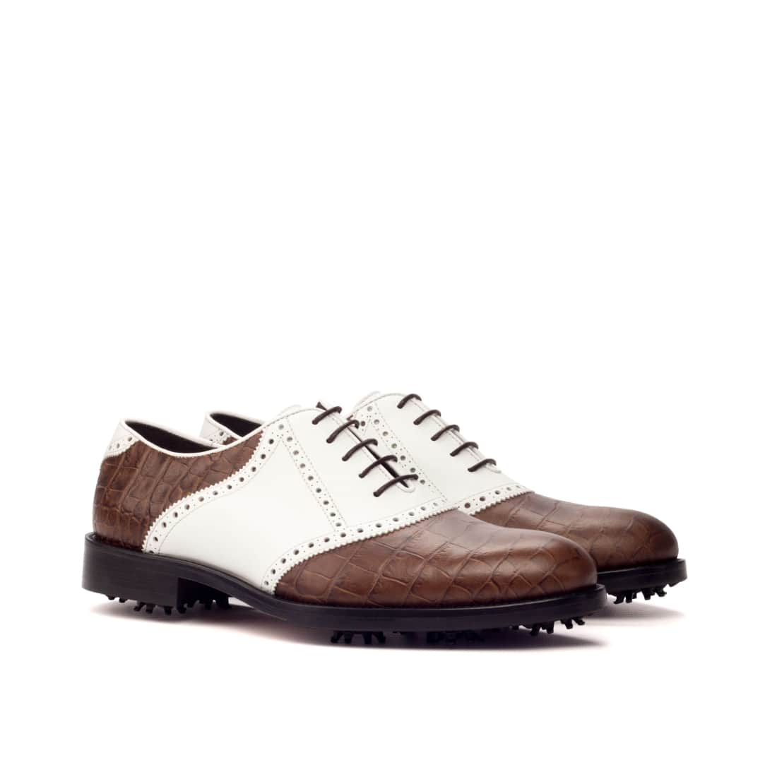 Richelieu de golf en cuir croco marron et blanc