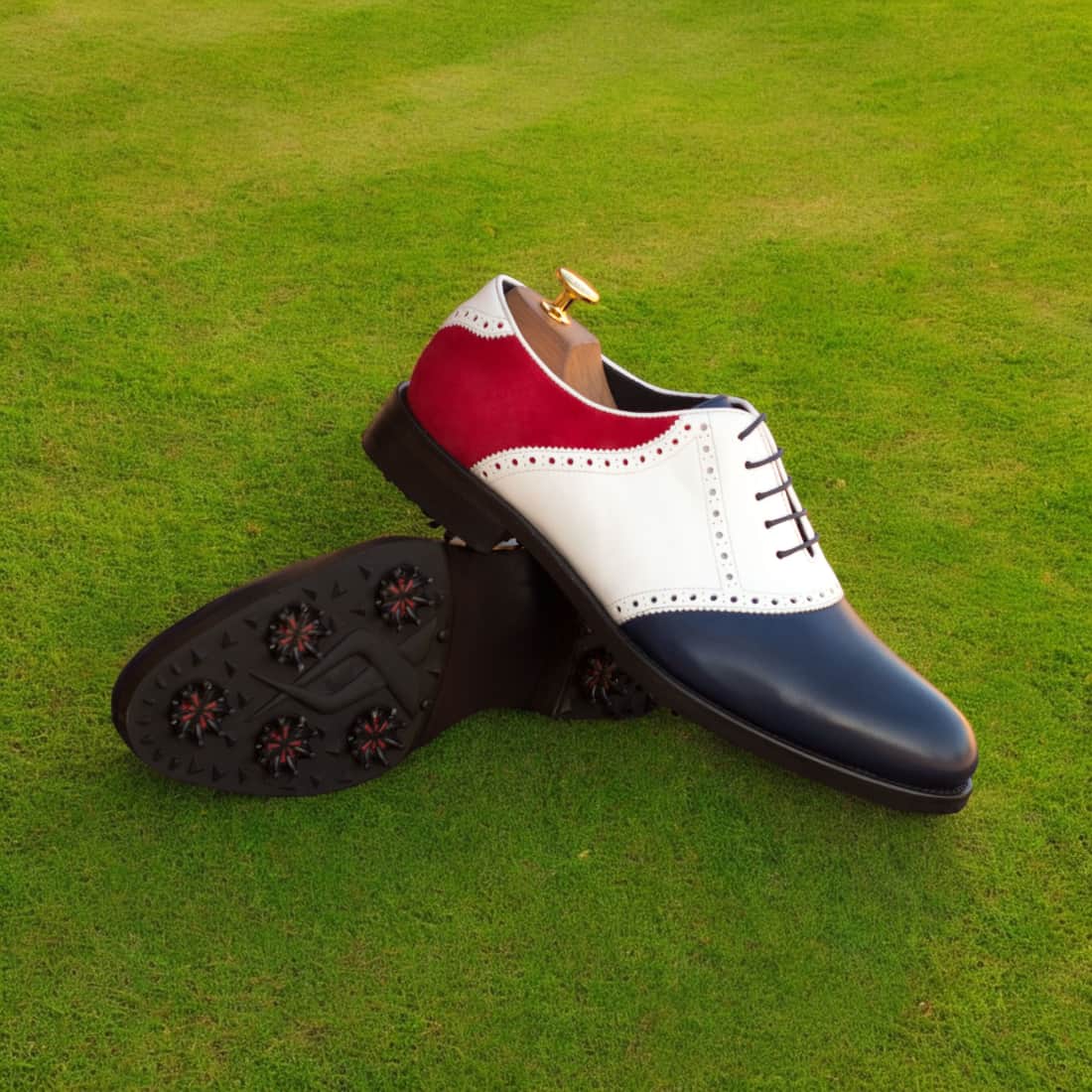 Richelieu de golf en cuir et daim bleu-blanc-rouge – vue 4