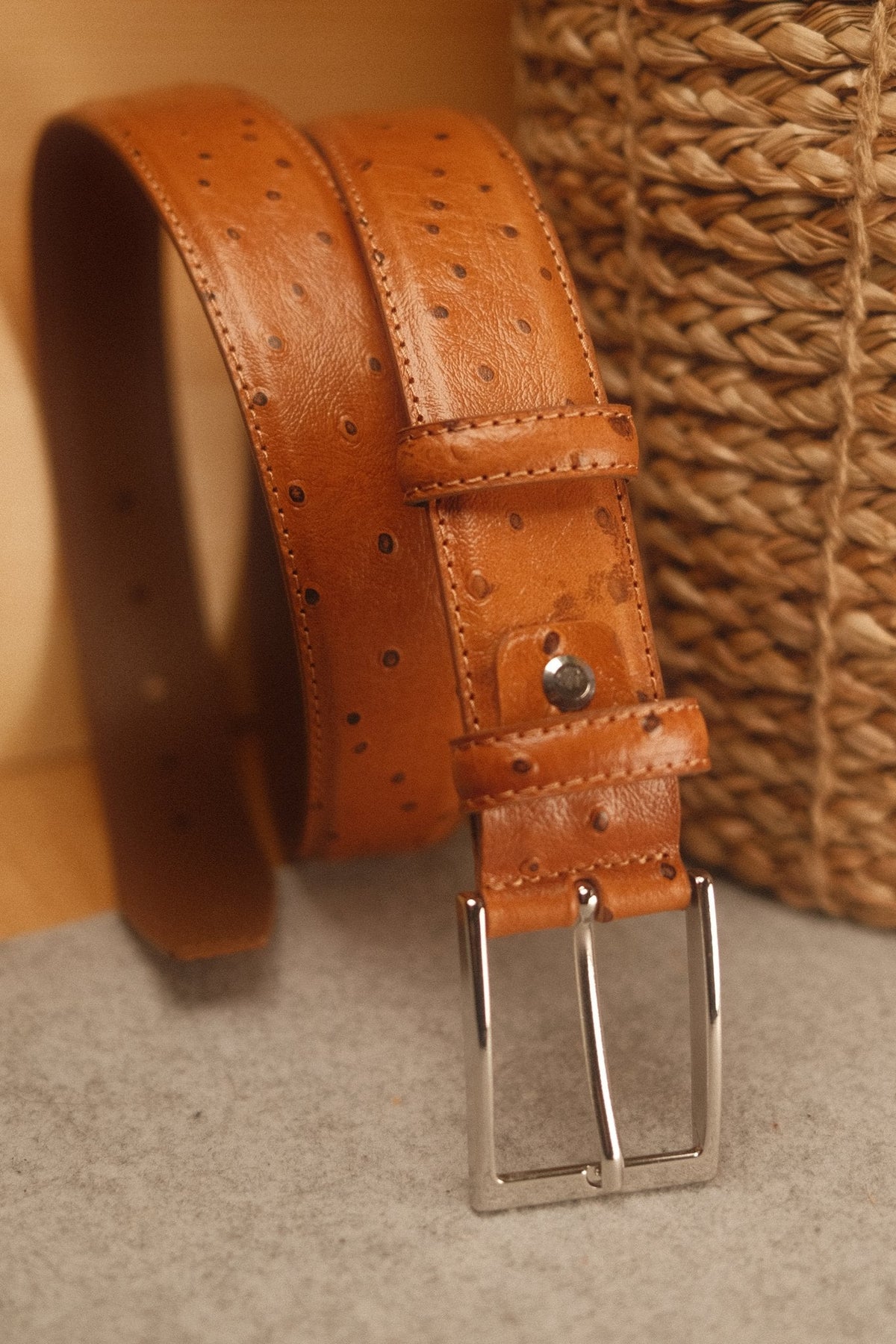 Ceinture en cuir marron clair façon autruche 35 mm – vue 3