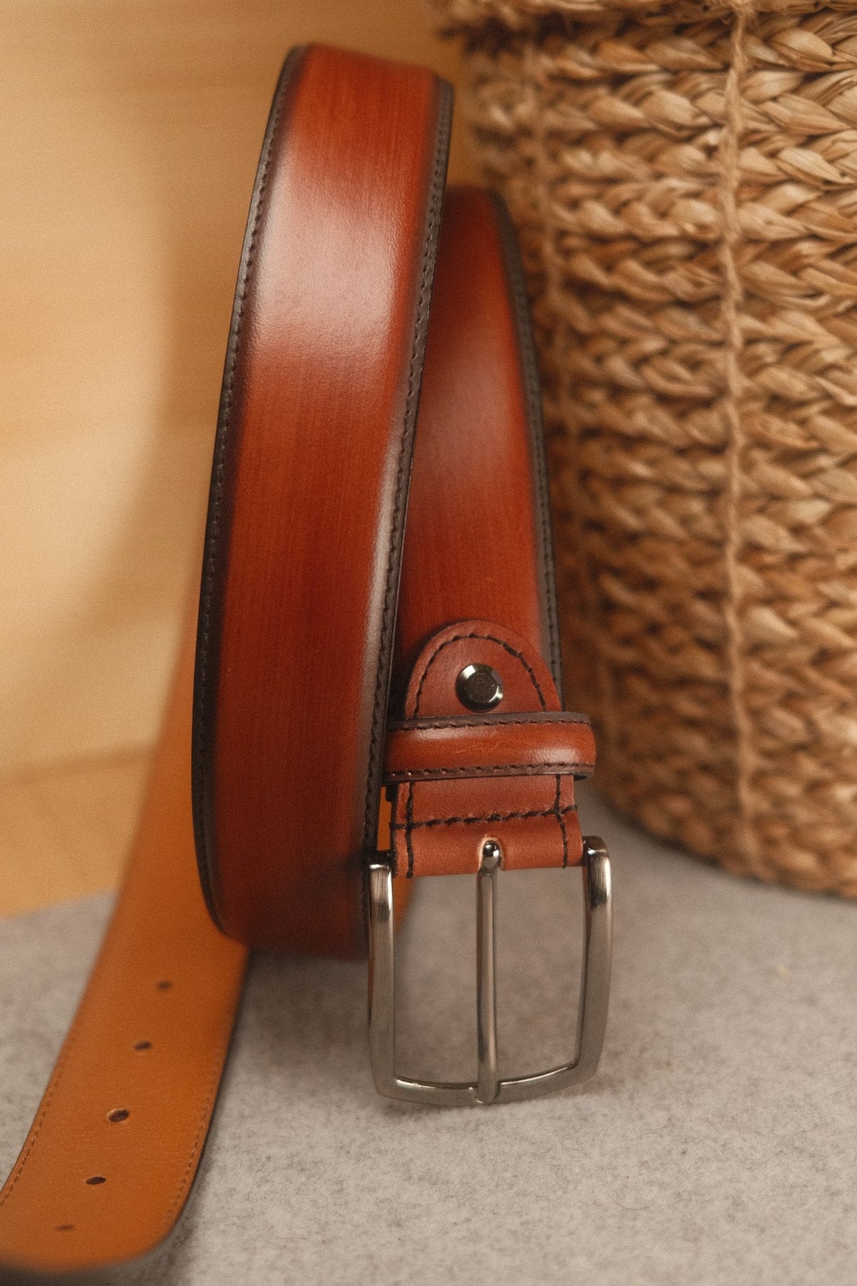 Ceinture en cuir patiné 35 mm – cognac – vue 2