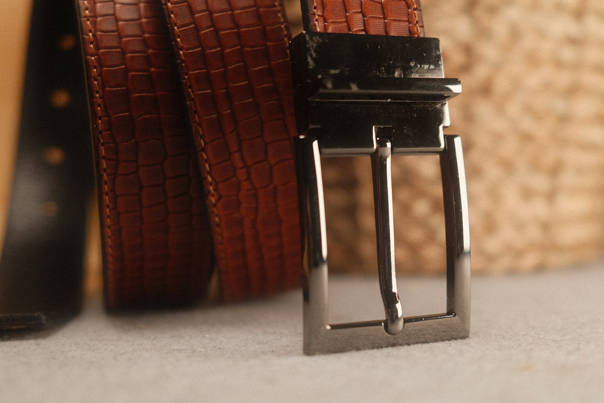 Ceinture en cuir Cognac – Noir façon croco réversible 35 mm – vue 3