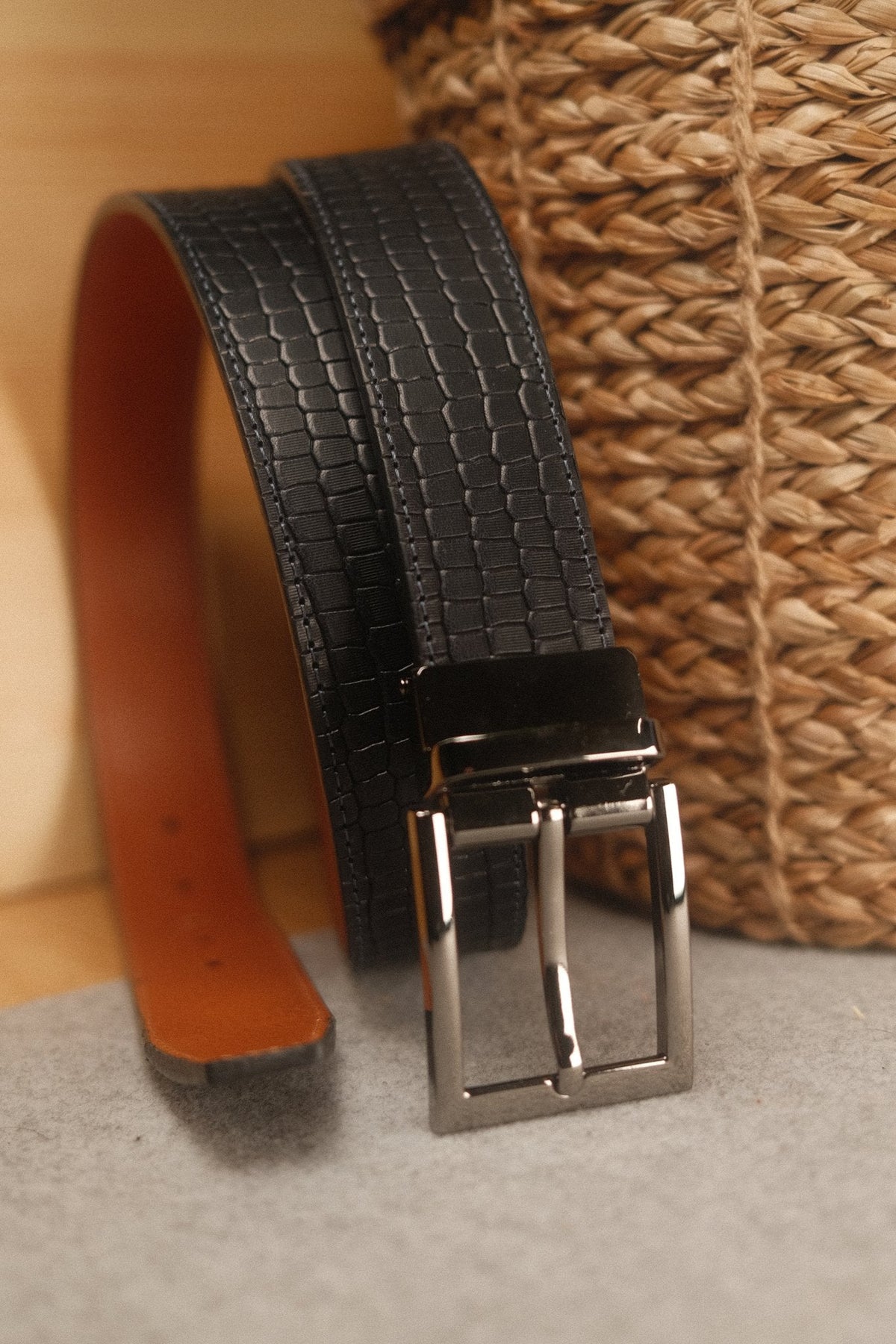 Ceinture en cuir Bleu Marine – Marron Clair façon croco réversible 35 mm – vue 3