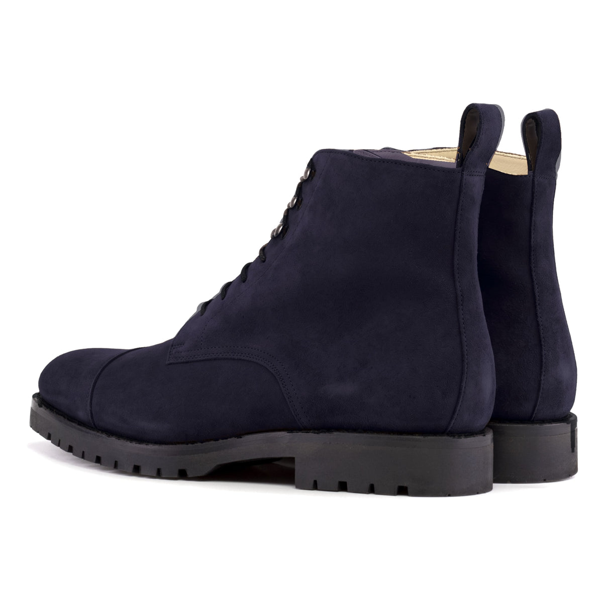 Bottines Bout Droit en daim bleu marine, vue de trois quarts arrière