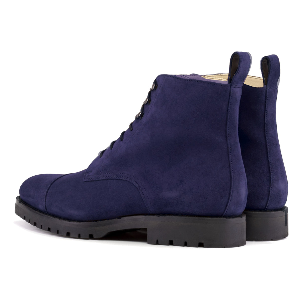 Bottines Bout Droit en daim de chevreau bleu marine, vue de trois quarts arrière
