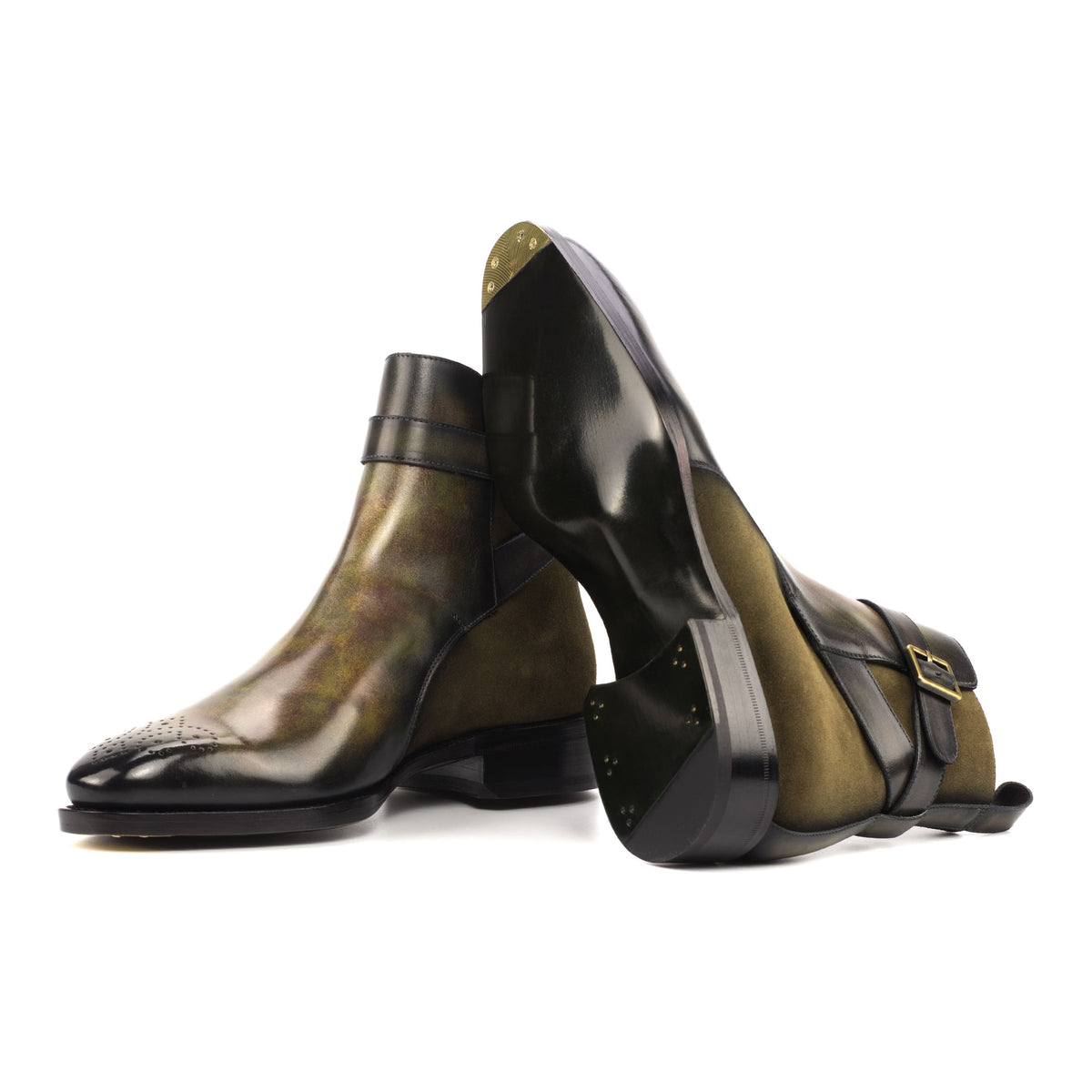 Bottines Jodhpur bout fleuri en cuir patiné et daim vert – vue 2