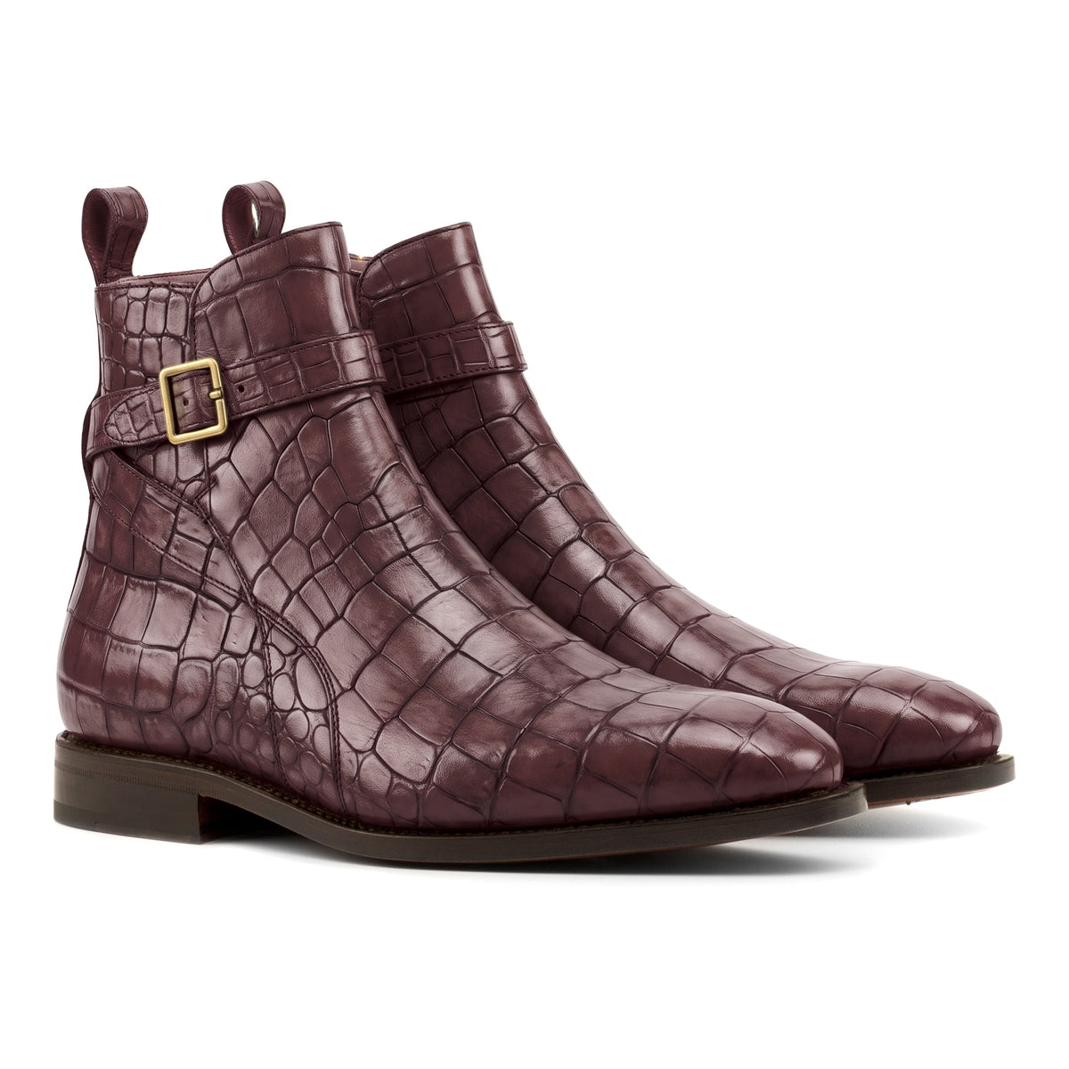 Bottines Jodhpur en cuir croco bordeaux, vue de trois quarts avant