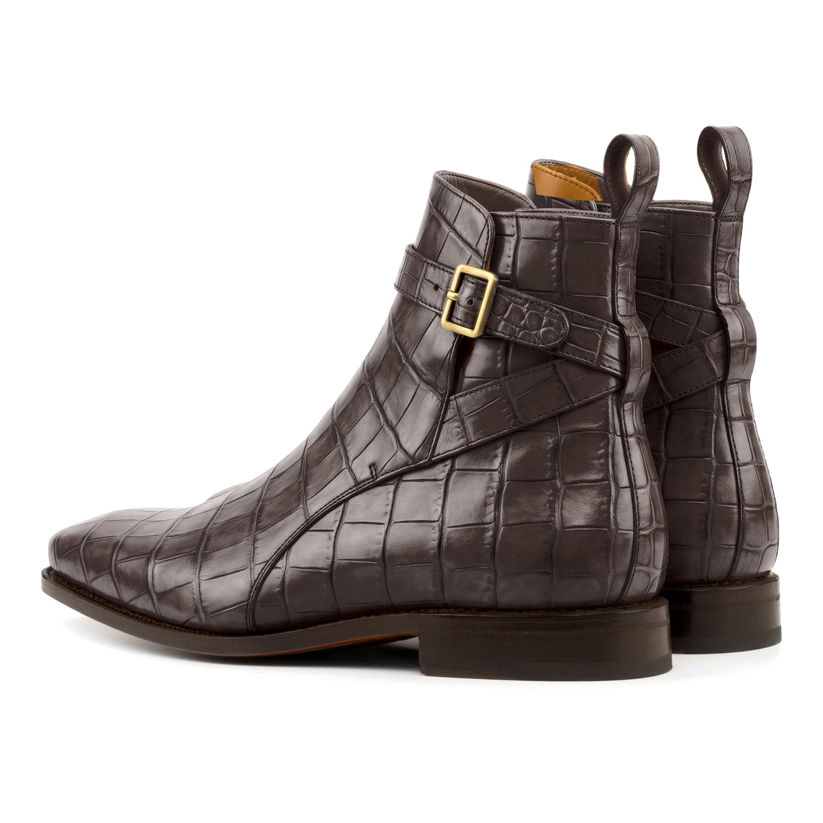 Bottines Jodhpur en cuir croco marron foncé, vue de trois quarts arrière