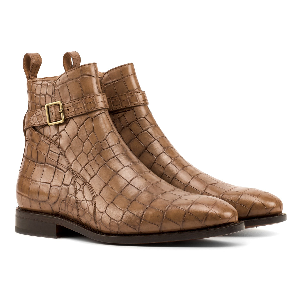Bottines Jodhpur en cuir croco marron moyen, vue de trois quarts avant