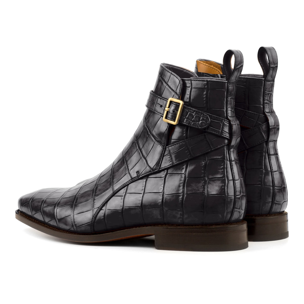 Bottines Jodhpur en cuir croco noir, vue de trois quarts arrière