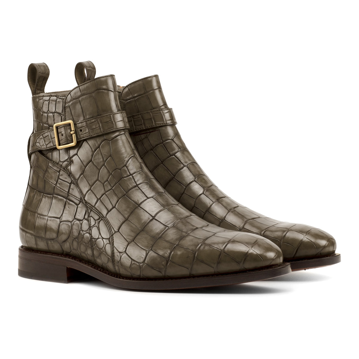 Bottines Jodhpur en cuir croco vert olive, vue de trois quarts avant
