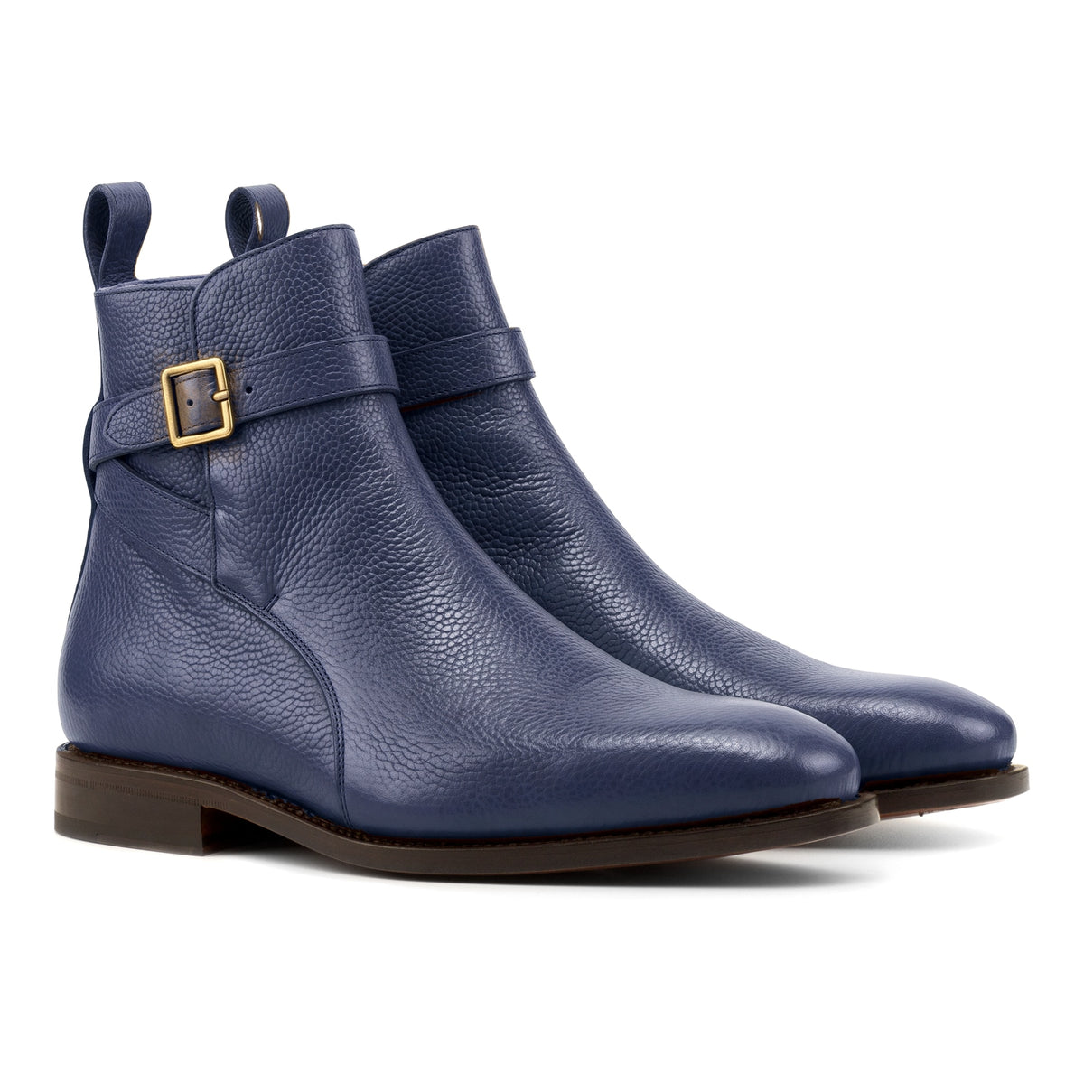Bottines Jodhpur en cuir gros grain bleu pétrole, vue de trois quarts avant