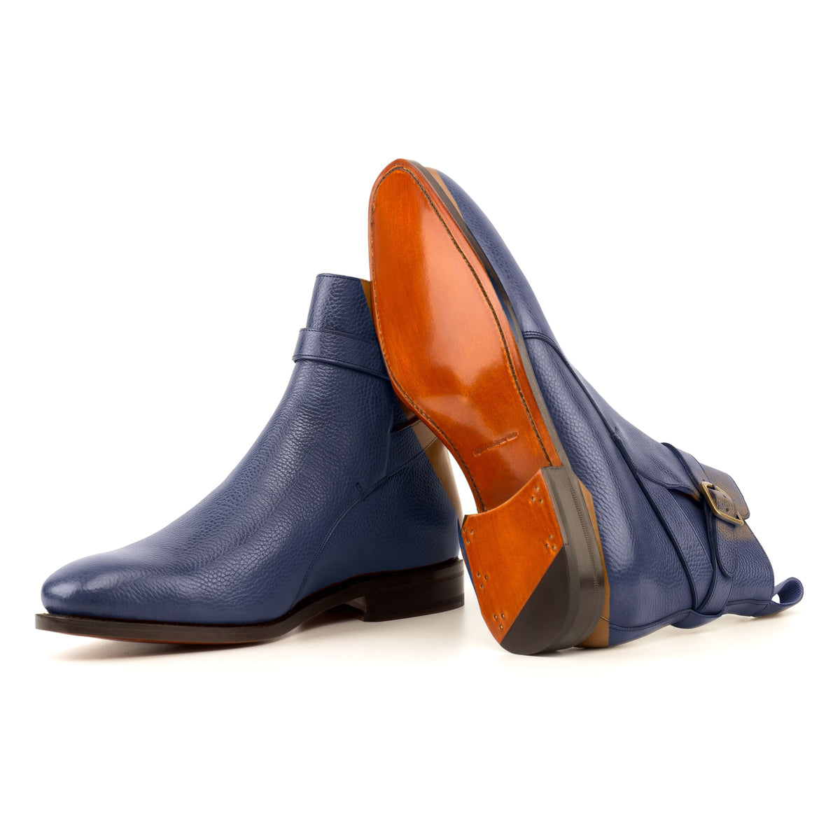Bottines Jodhpur en cuir gros grain bleu pétrole : une bottine couchée montre la semelle