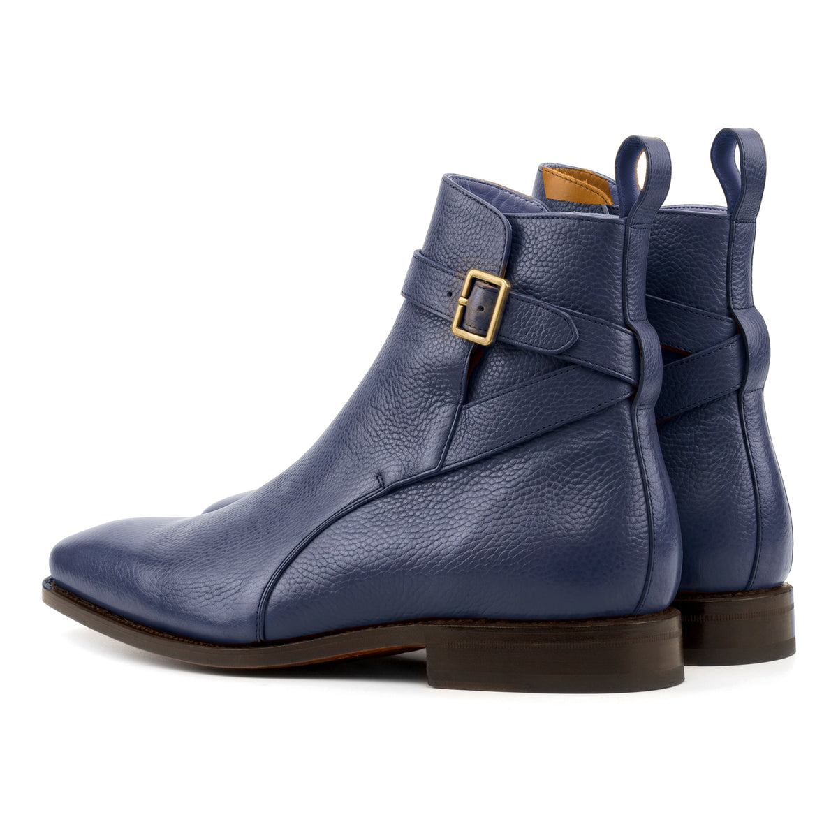 Bottines Jodhpur en cuir gros grain bleu pétrole, vue de trois quarts arrière