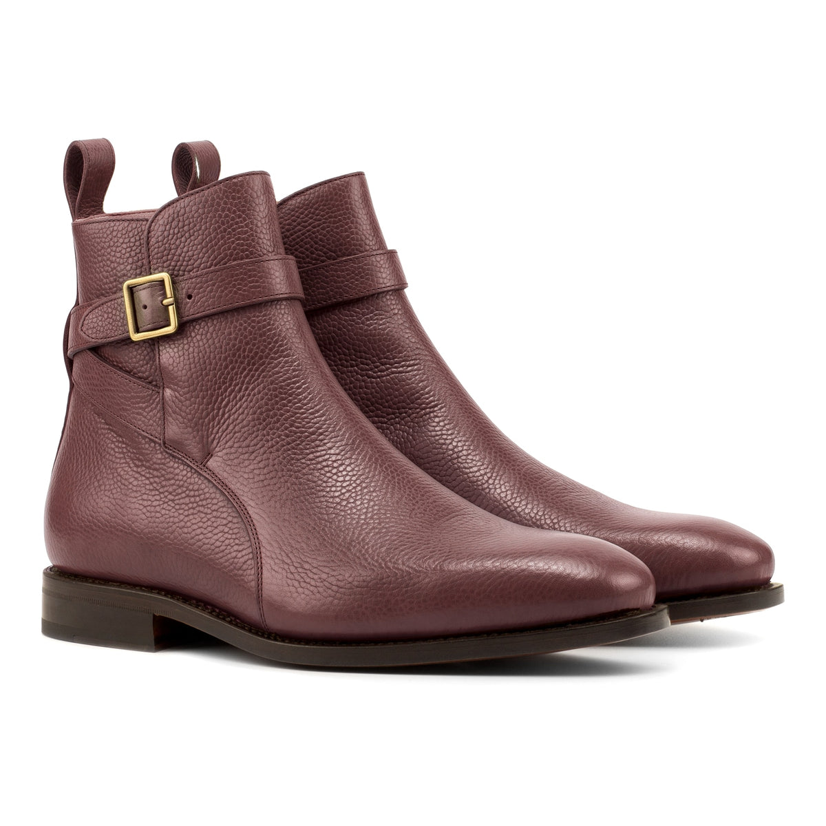 Bottines Jodhpur en cuir gros grain bordeaux, vue de trois quarts avant