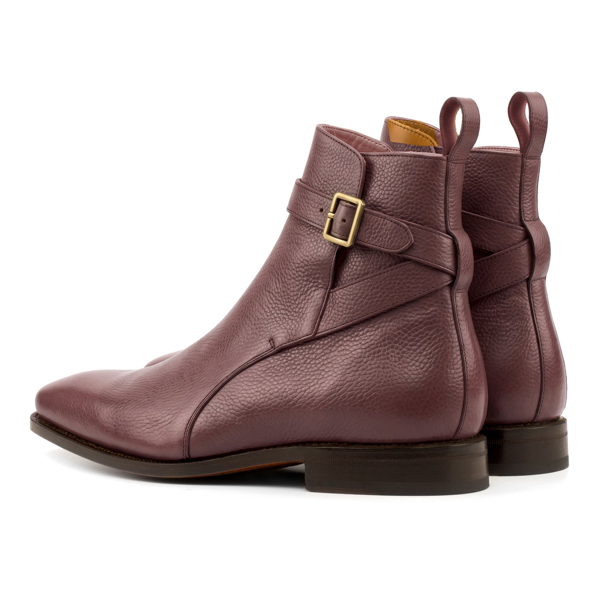 Bottines Jodhpur en cuir gros grain bordeaux, vue de trois quarts arrière