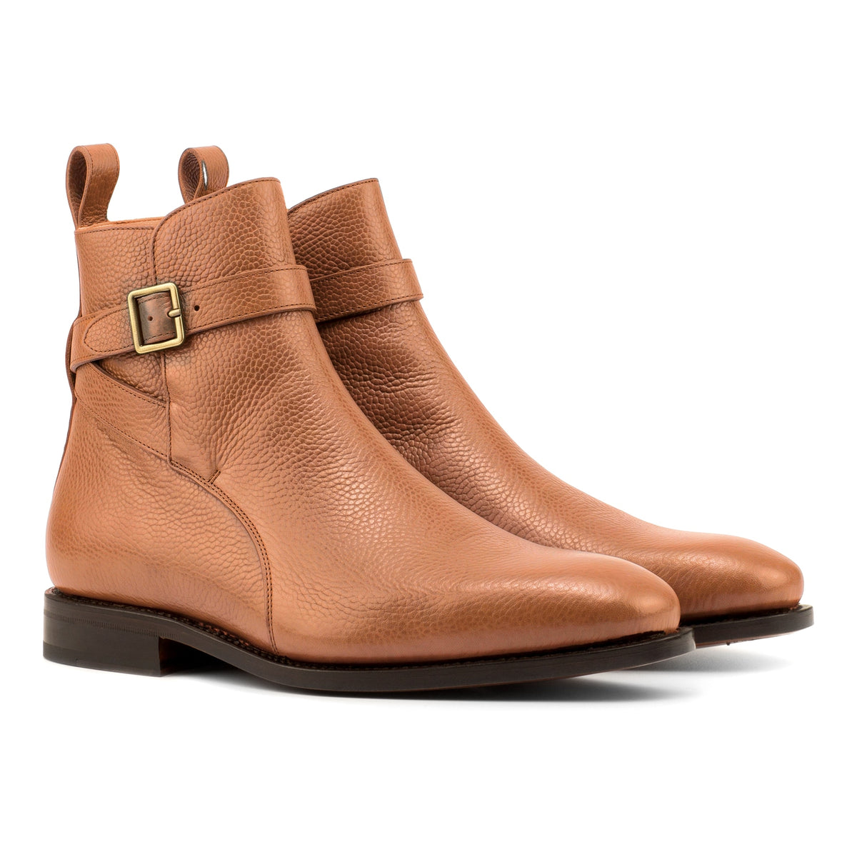 Bottines Jodhpur en cuir gros grain cognac, vue de trois quarts avant