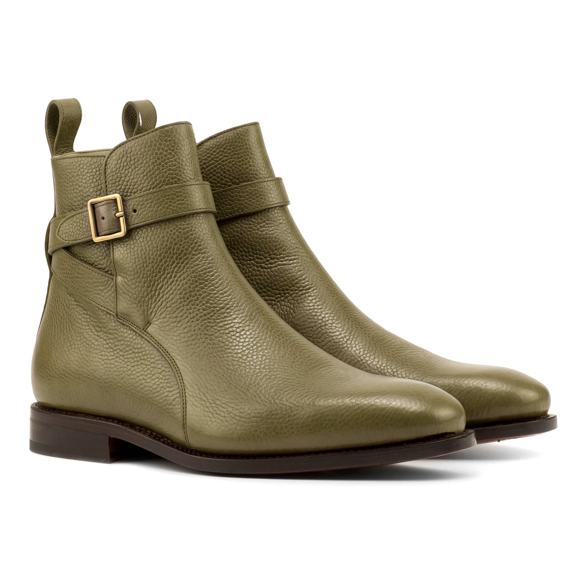 Bottines Jodhpur en cuir gros grain vert olive, vue de trois quarts avant