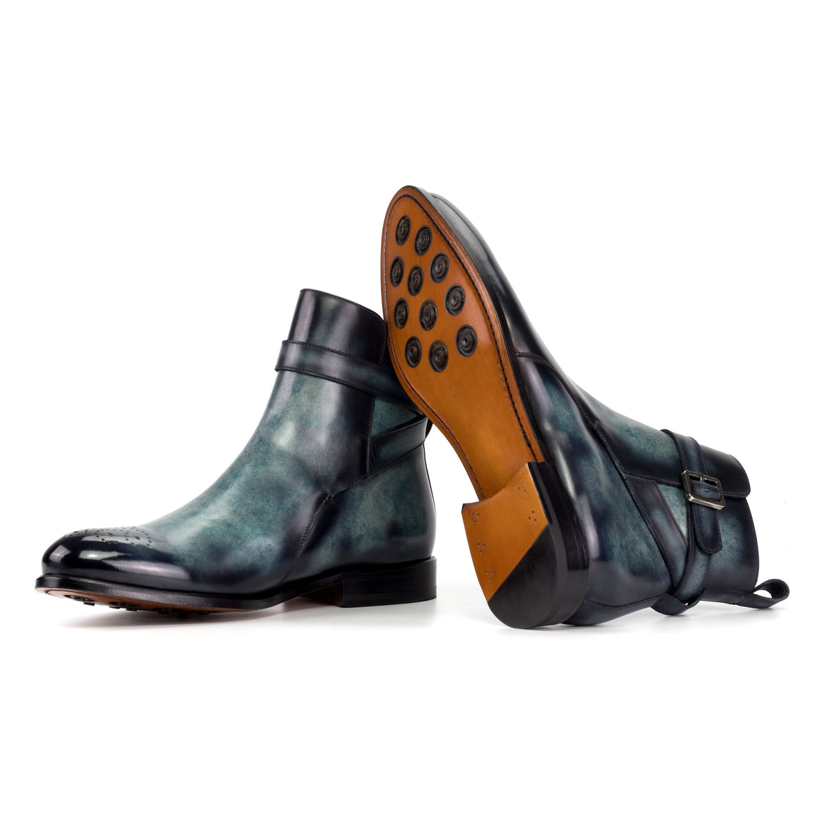 Bottines Jodhpur bout fleuri en cuir patiné bleu gris – vue 2