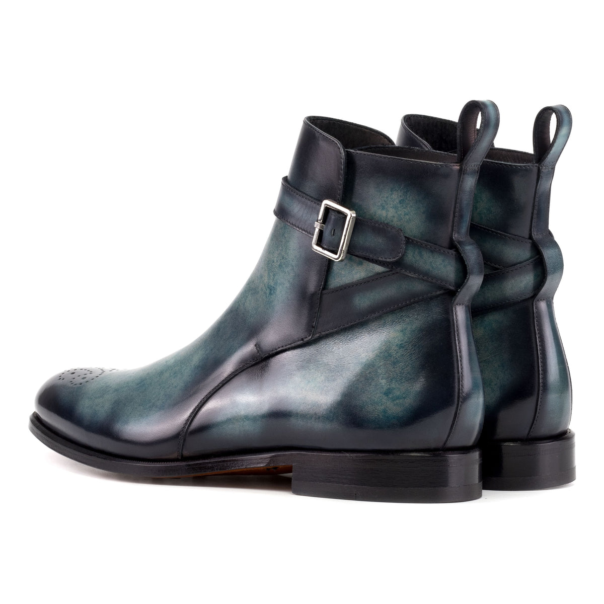 Bottines Jodhpur bout fleuri en cuir patiné bleu gris – vue 3