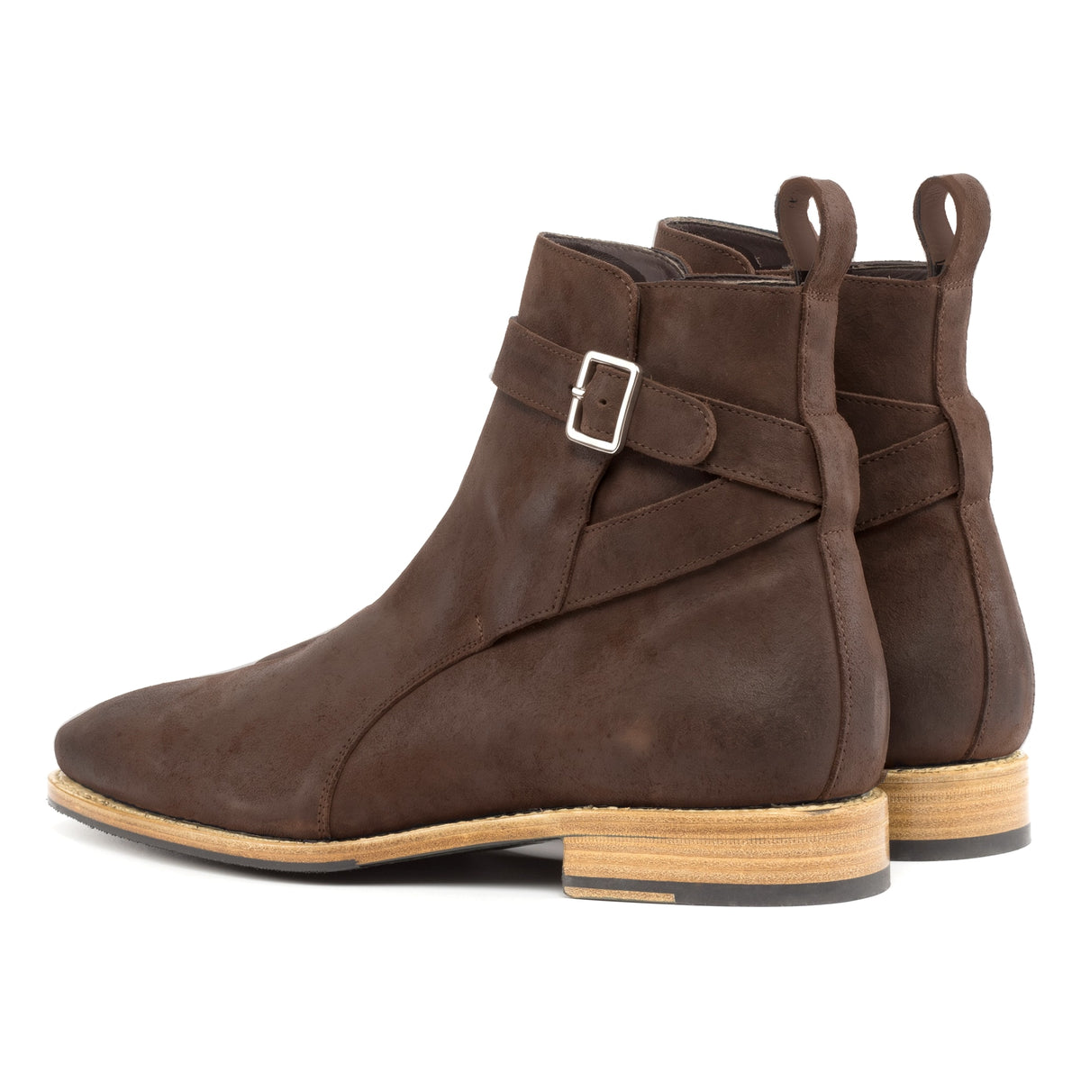 Bottines Jodhpur en daim ciré marron, vue de trois quarts arrière