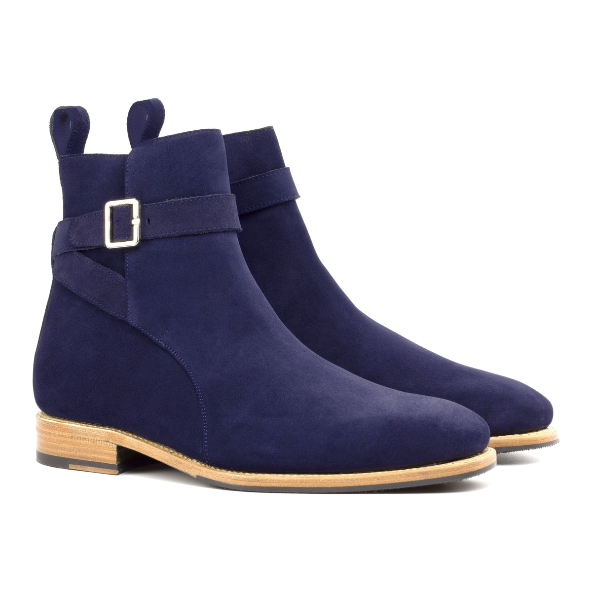 Bottines Jodhpur en daim de chevreau bleu marine, vue de trois quarts avant