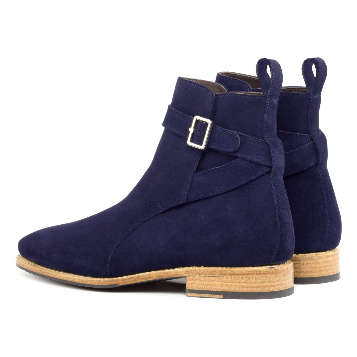 Bottines Jodhpur en daim de chevreau bleu marine, vue de trois quarts arrière