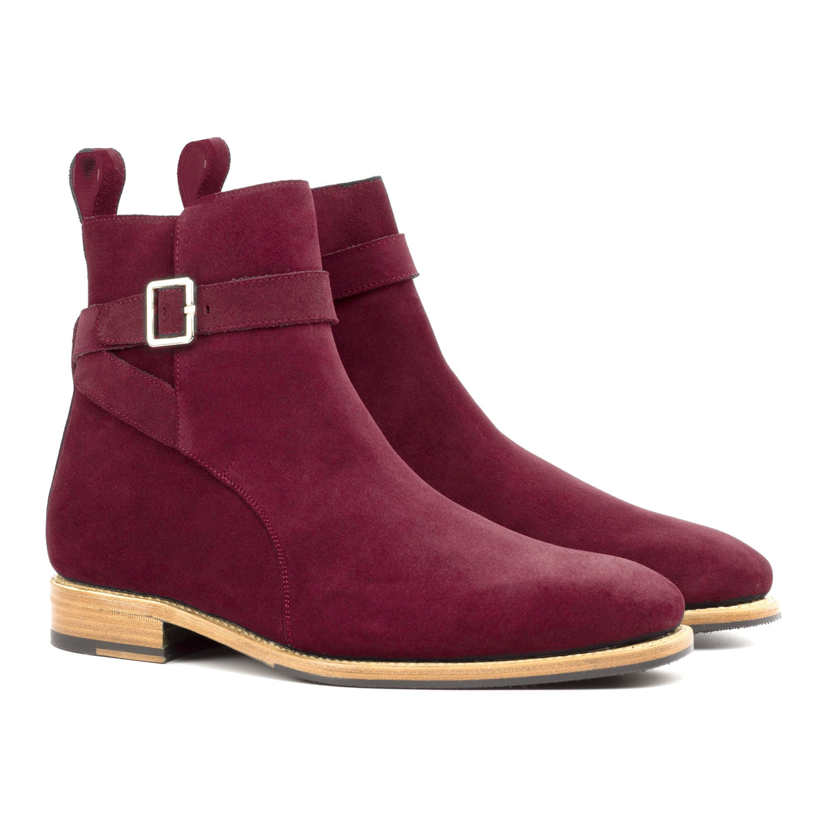 Bottines Jodhpur en daim de chevreau bordeaux, vue de trois quarts avant