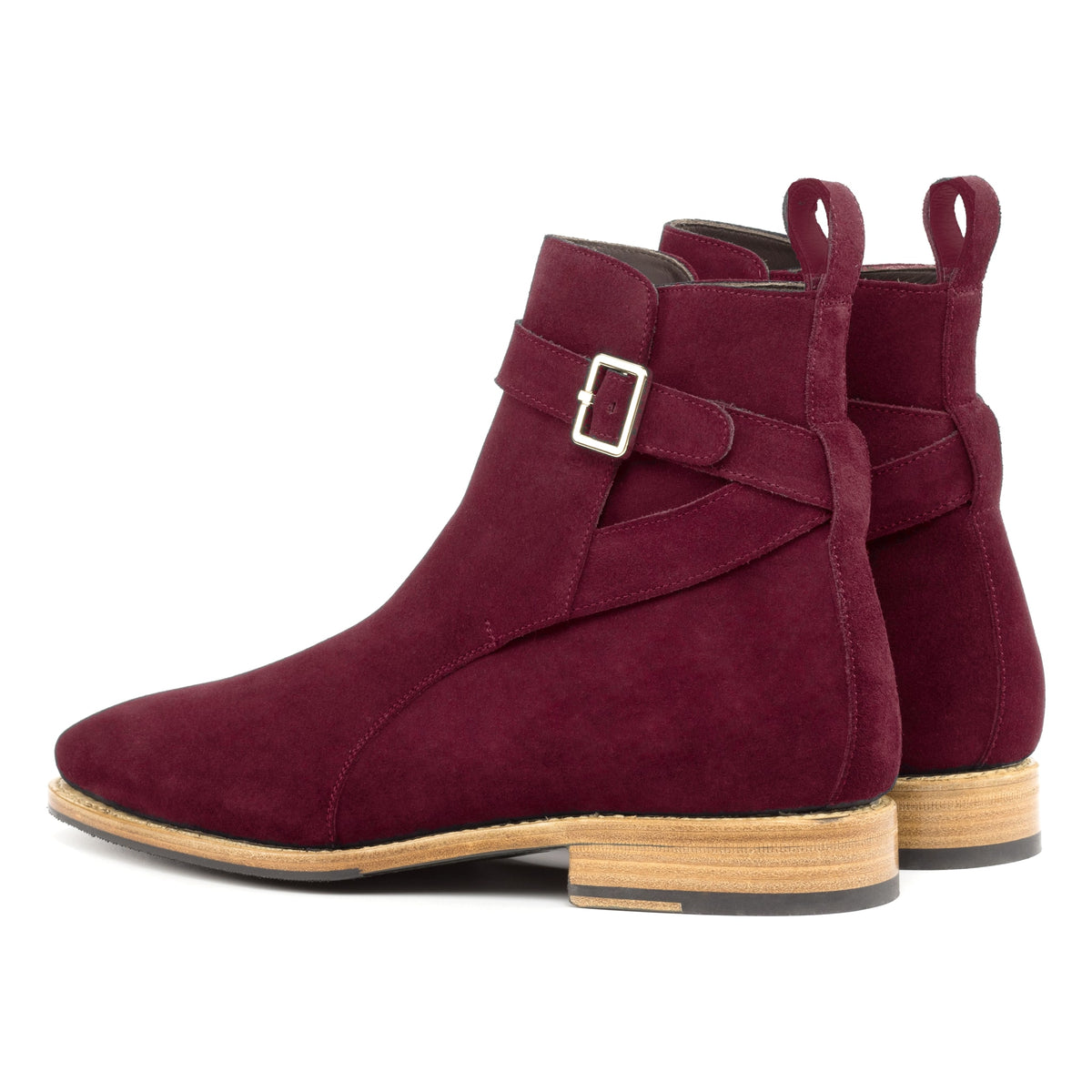 Bottines Jodhpur en daim de chevreau bordeaux, vue de trois quarts arrière