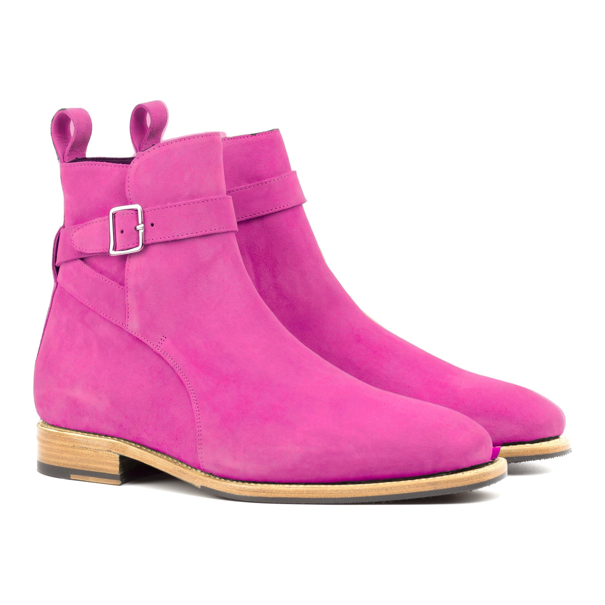 Bottines Jodhpur en daim de chevreau fuchsia, vue de trois quarts avant