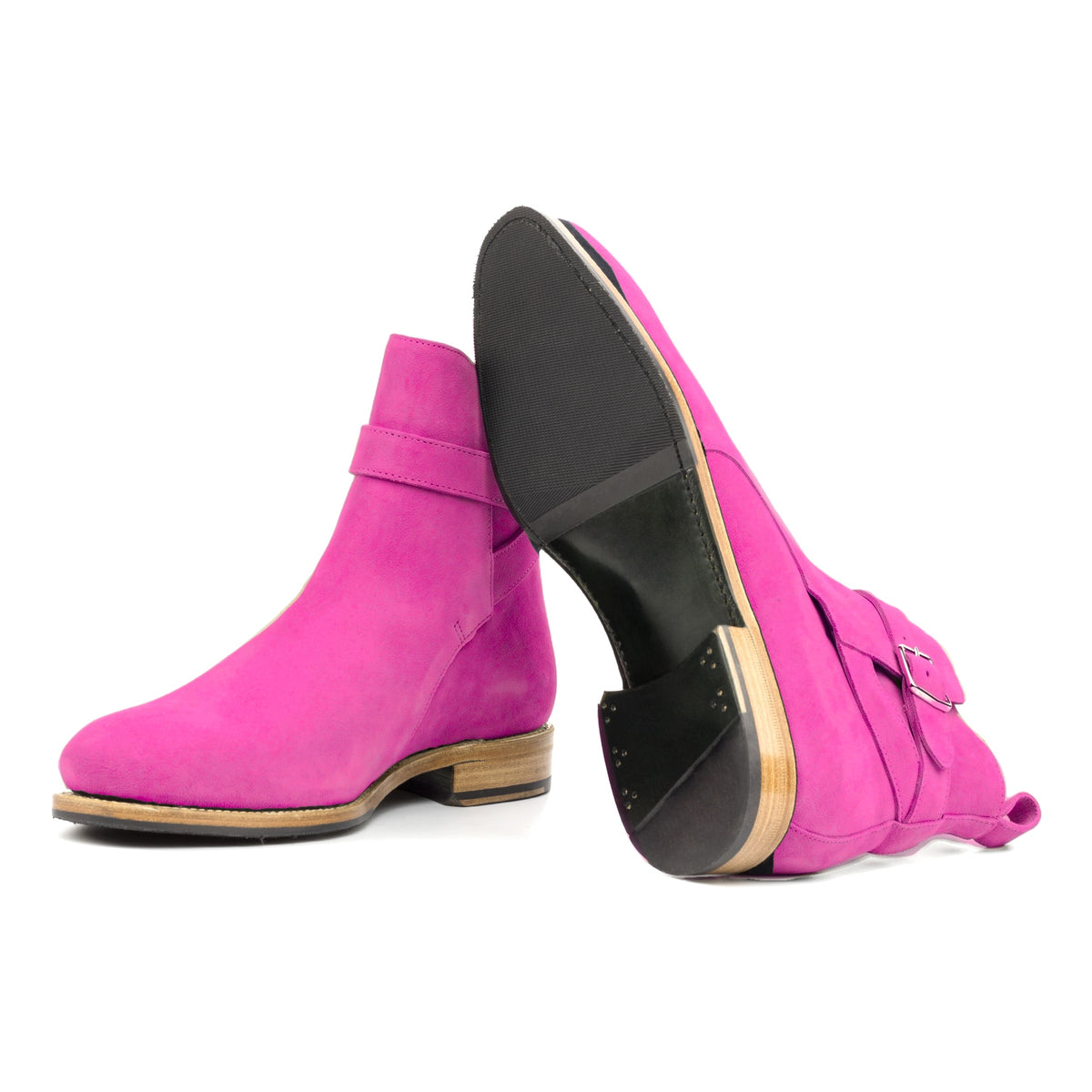 Bottines Jodhpur en daim de chevreau fuchsia : une bottine couchée montre la semelle