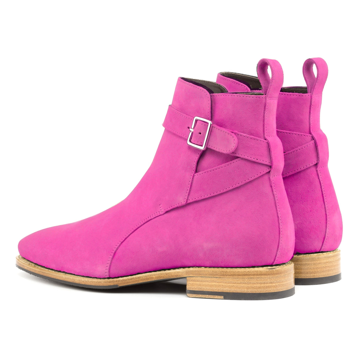 Bottines Jodhpur en daim de chevreau fuchsia, vue de trois quarts arrière
