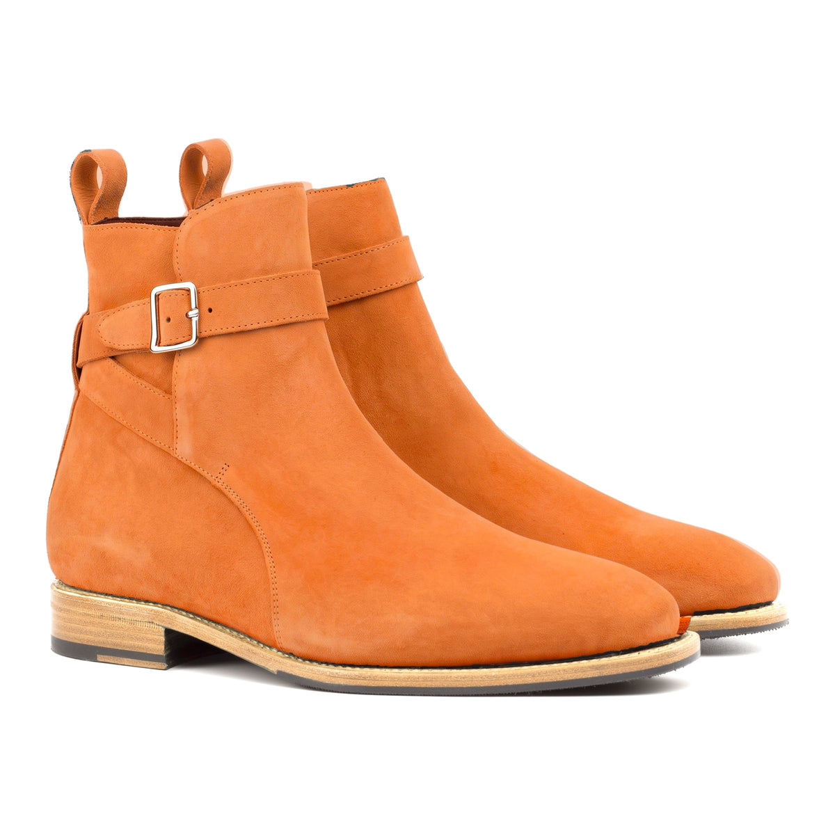 Bottines Jodhpur en daim de chevreau orange, vue de trois quarts avant