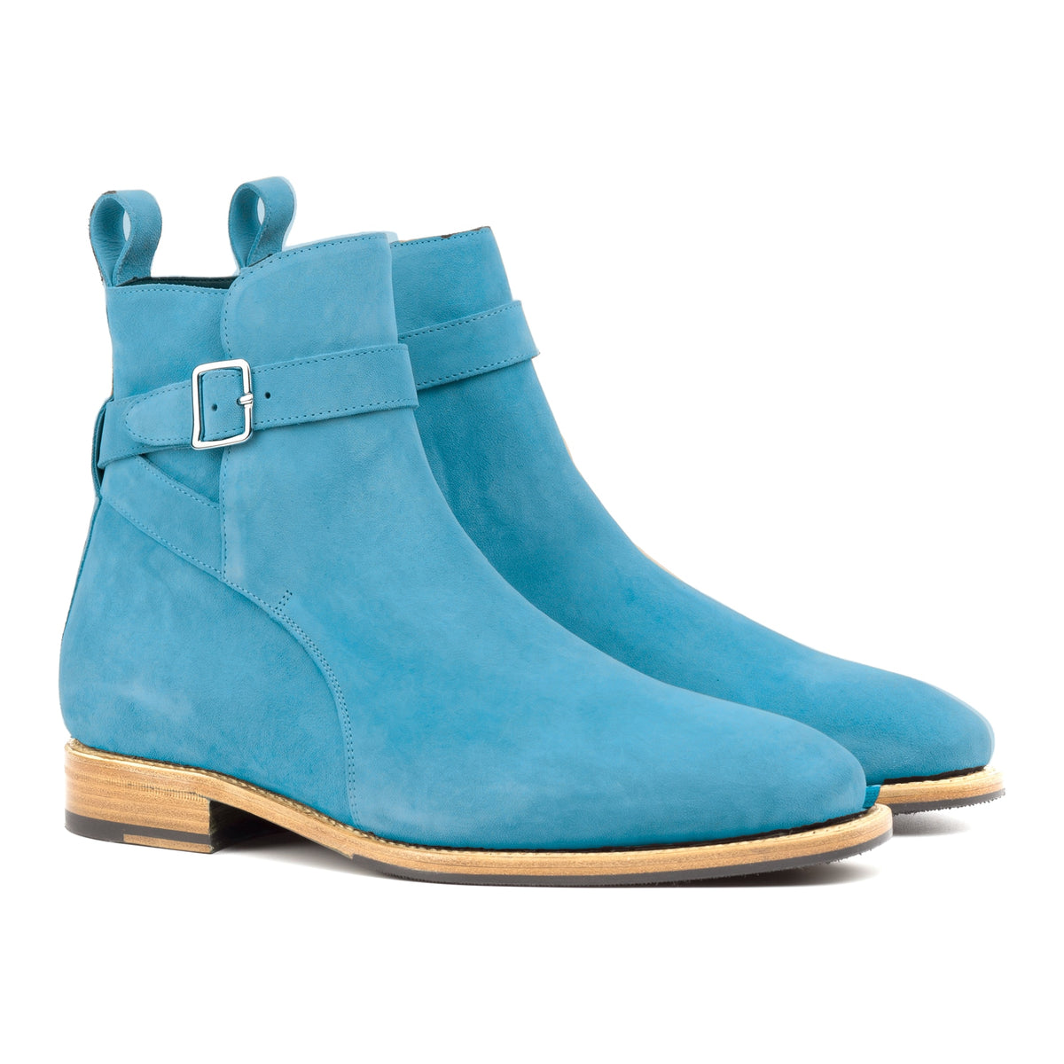 Bottines Jodhpur en daim de chevreau turquoise, vue de trois quarts avant