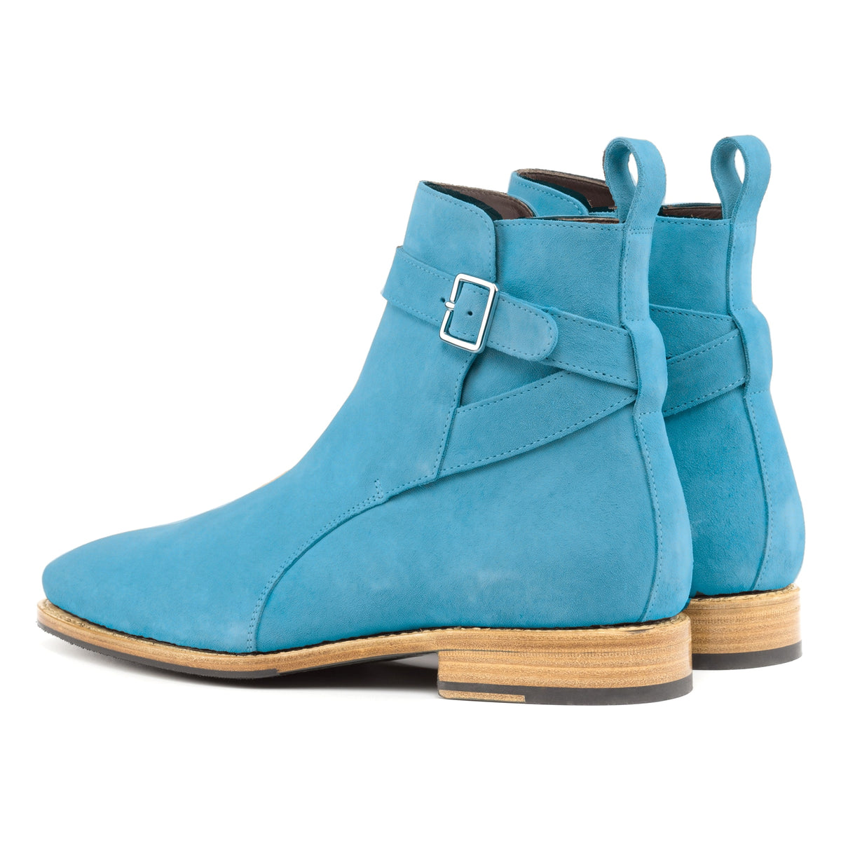Bottines Jodhpur en daim de chevreau turquoise, vue de trois quarts arrière