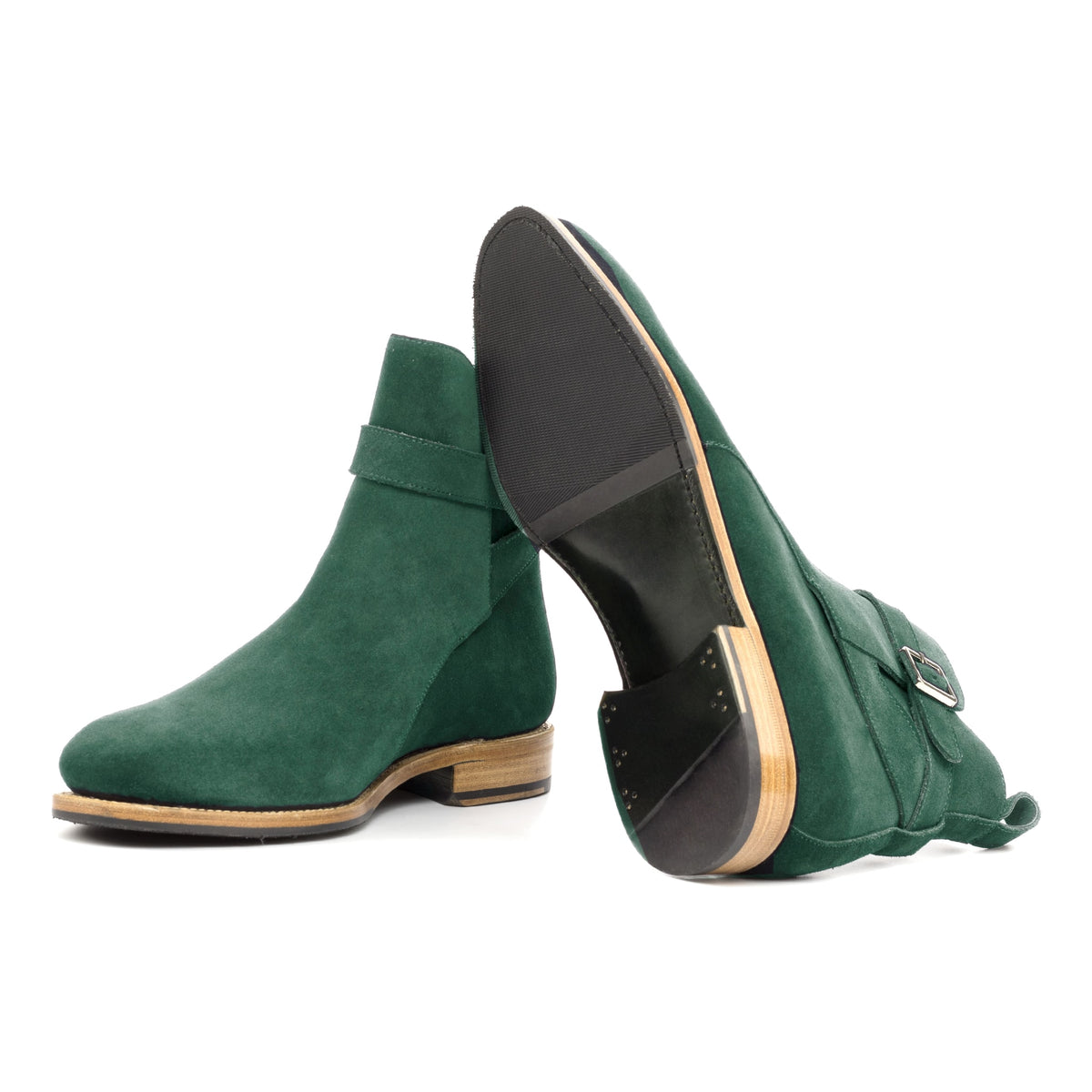 Bottines Jodhpur en daim de chevreau vert forêt : une bottine couchée montre la semelle