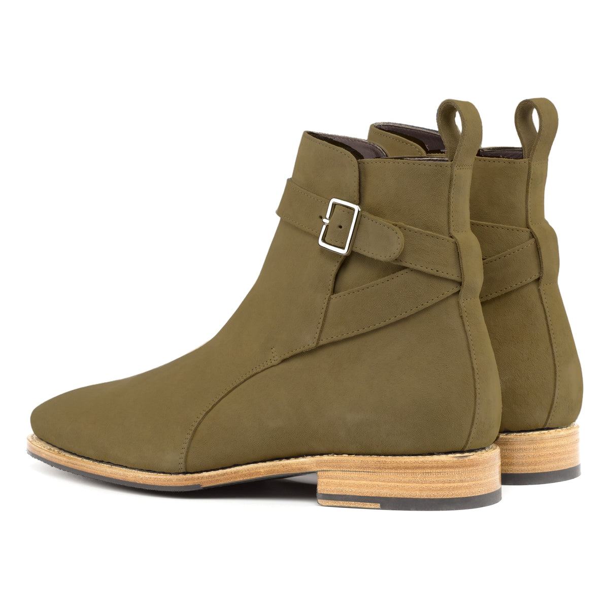 Bottines Jodhpur en daim kaki, vue de trois quarts arrière