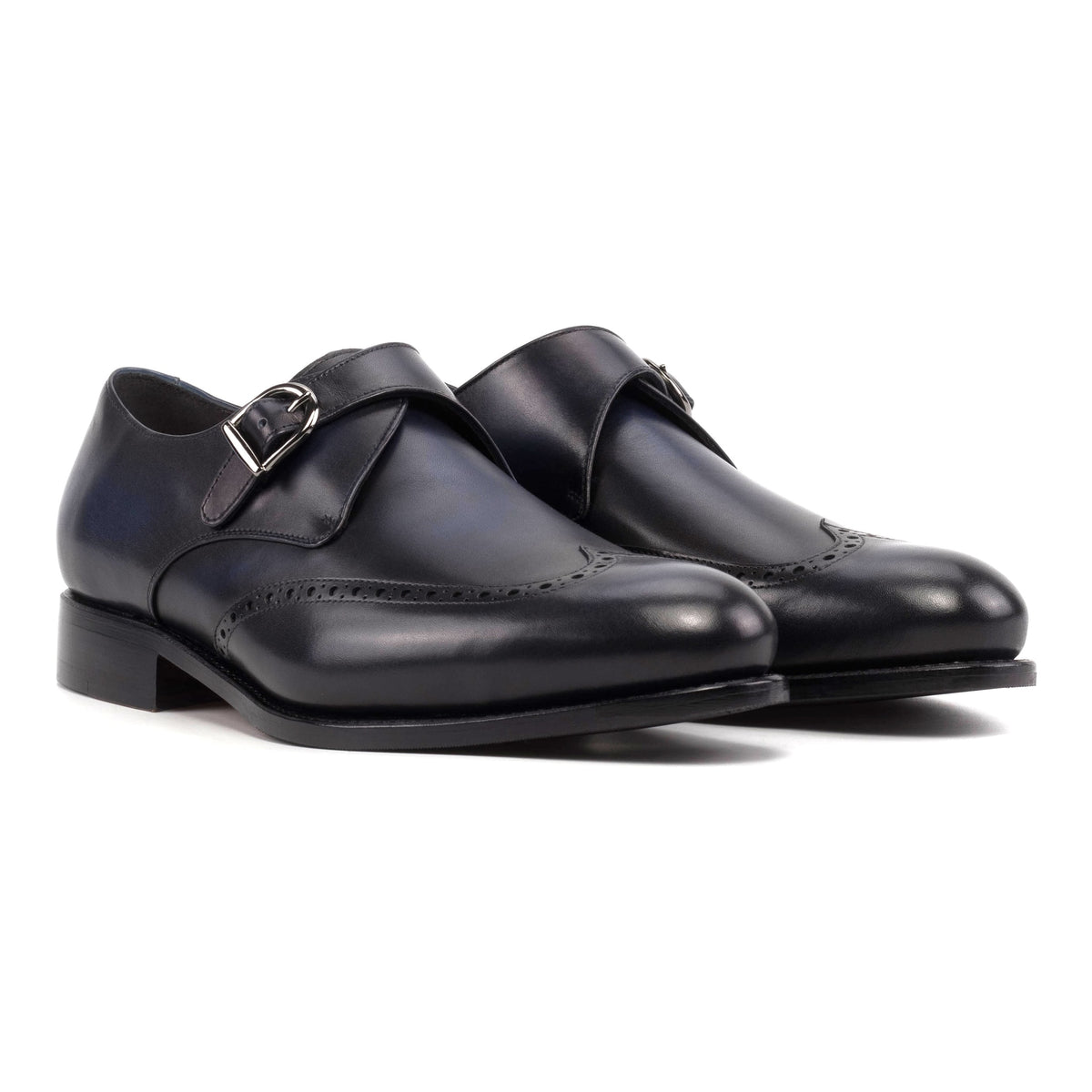 Chaussure à boucle bout fleuri en cuir bleu marine – vue 1