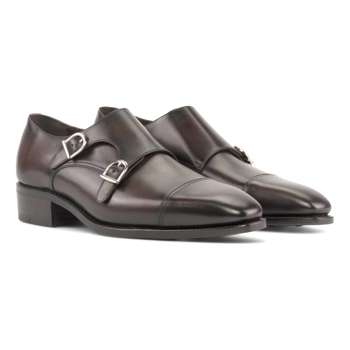 Chaussure double boucle en cuir marron foncé – vue 1