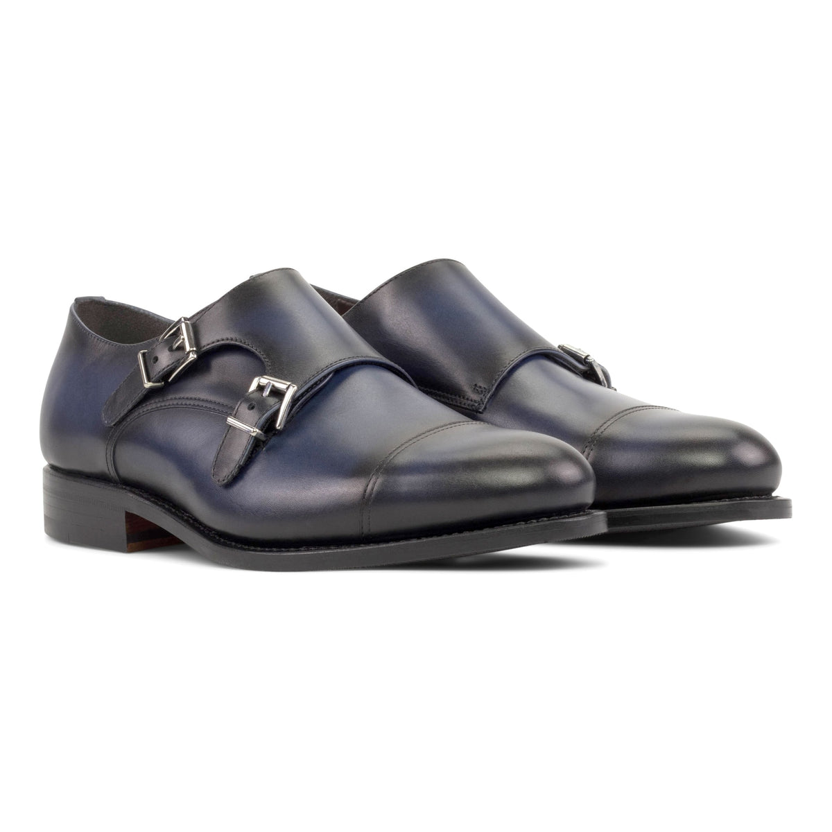Chaussure double boucle en cuir patiné bleu marine – vue 1