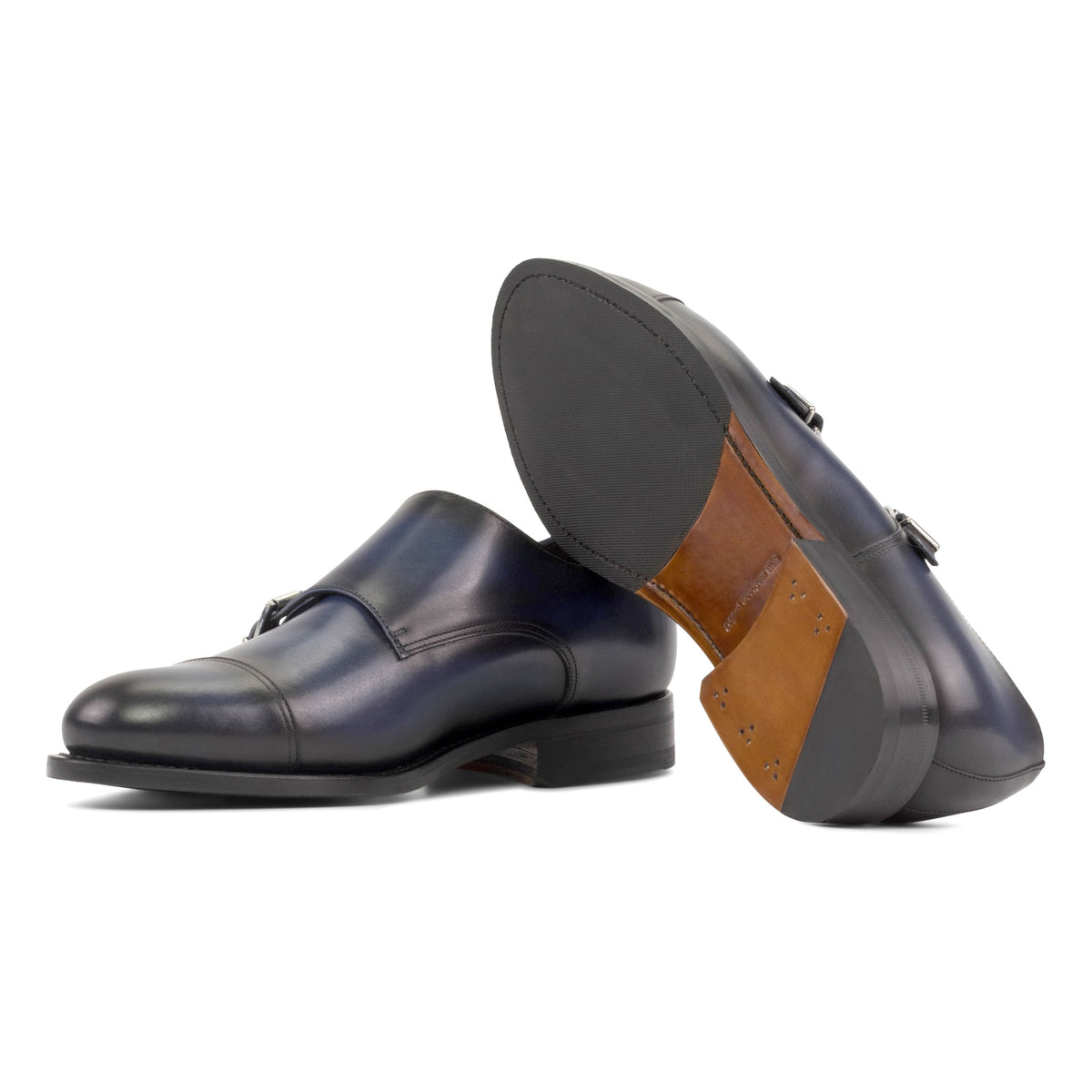 Chaussure double boucle en cuir patiné bleu marine – vue 2