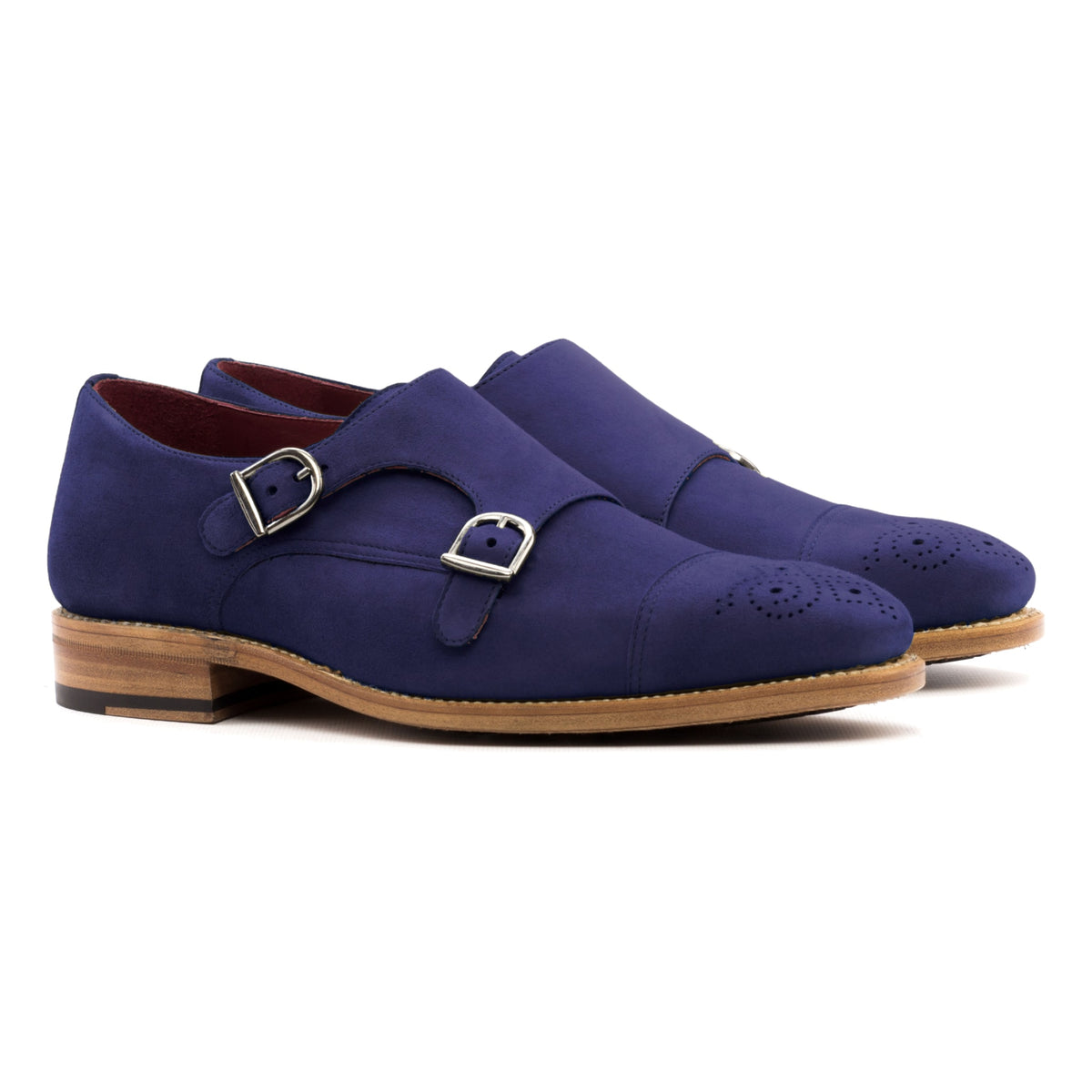 Chaussure double boucle en daim de chevreau bleu marine, la paire vue de trois quarts avant