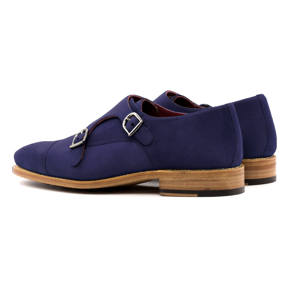 Chaussure double boucle en daim de chevreau bleu marine, la paire vue de trois quarts arrière
