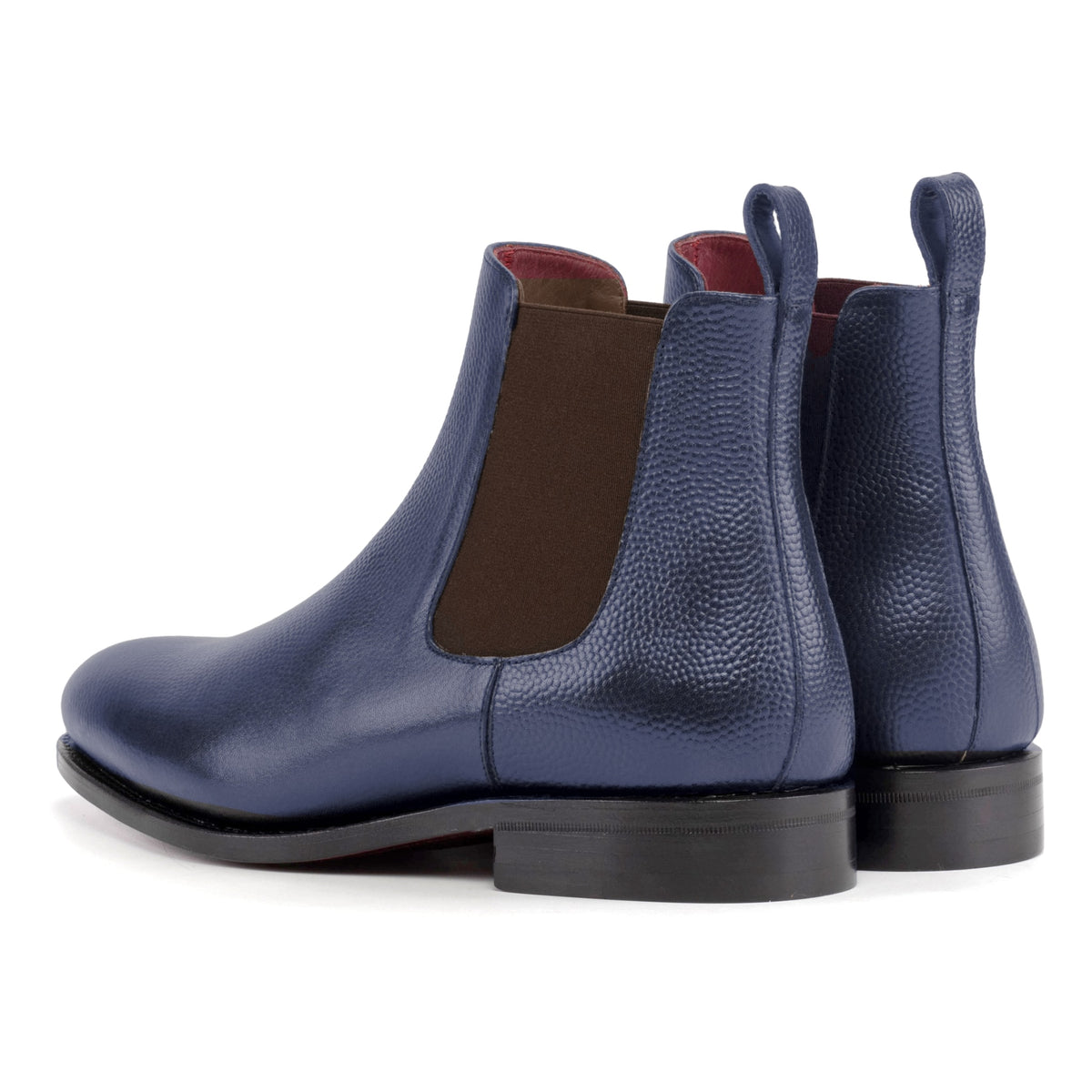 Chelsea Boots en cuir grainé bleu pétrole, la paire vue de trois quarts arrière