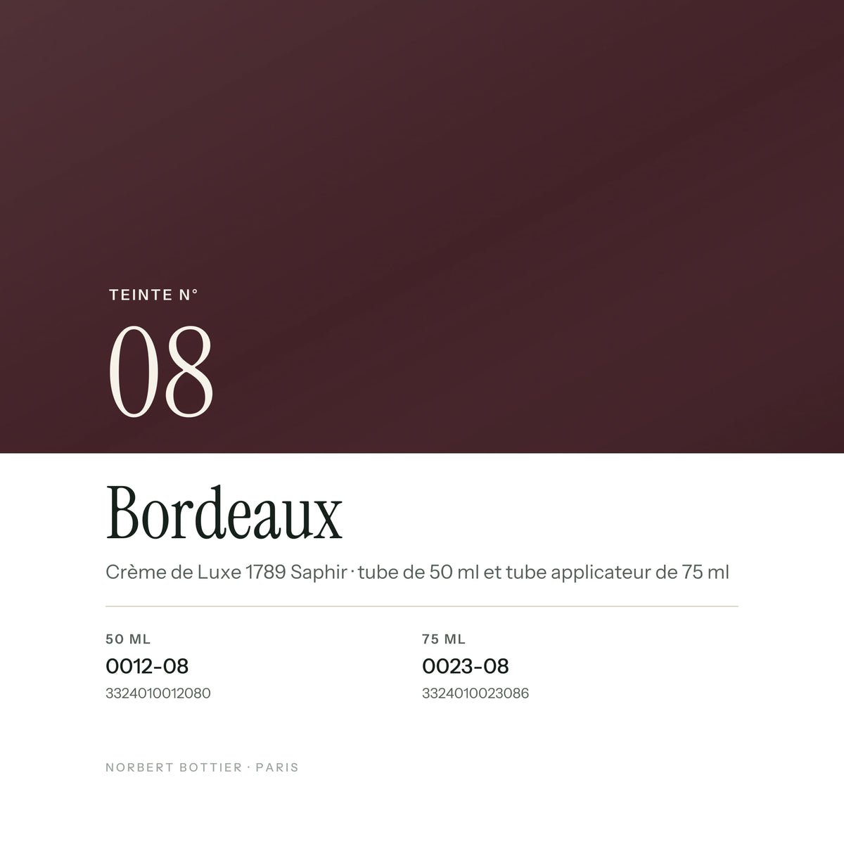 Teinte Bordeaux n° 08 de la Crème de Luxe 1789 Saphir, réf. 0012-08 / 0023-08